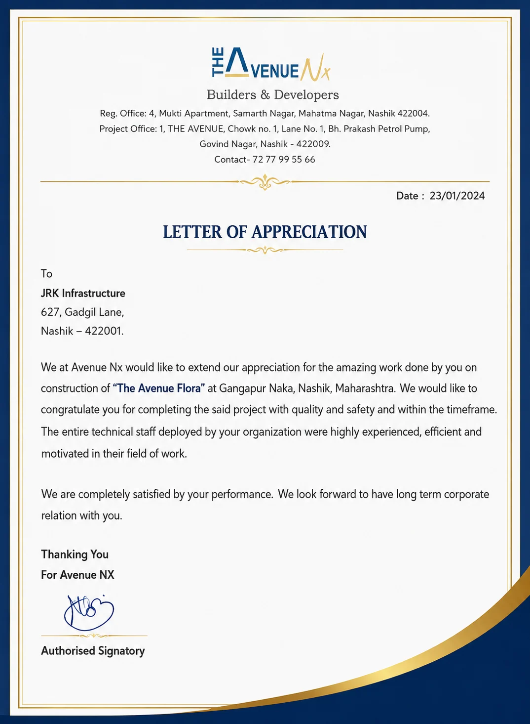 Letter of Appreciation — The Avenue Nx Builders & Developers